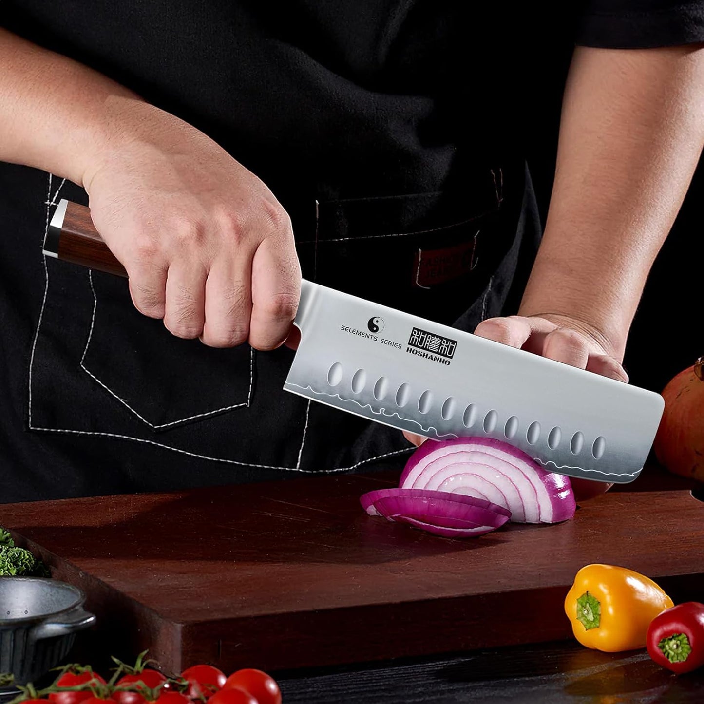 HOSHANHO Nakiri Knife 7 Inch, Hand Forged Japanese High-corbon Steel Chef Knife, Multipurpose Meat and Vegetable Kitchen Knife with Red Sandal Wooden Handle & Gift Box