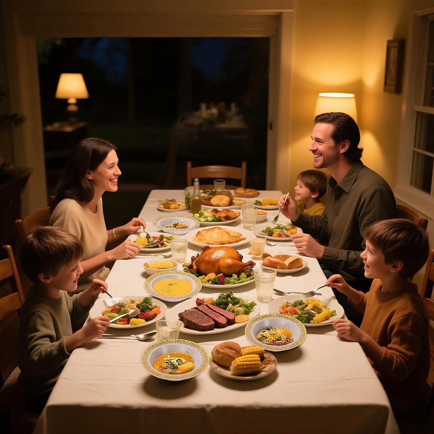 I00000 100 Disposable Gold Plastic Bowls, 12 oz Disposable Bowls, Lace Christmas Thanksgiving Trim, Premium Heavy Duty Plastic Bowl for Party