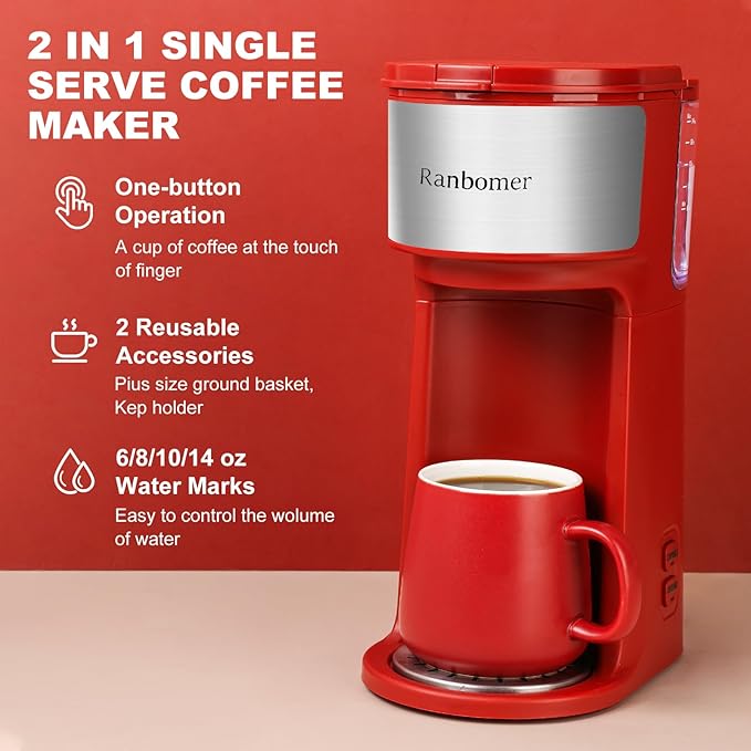 K Cup Coffee Maker, Single Serve coffee machine or Ground Coffee Machine 2 in 1, 6 to 14 Oz Brew Sizes, Mini One Cup Coffee Maker with Self cleaning Function, Fits Travel Mug (Red)