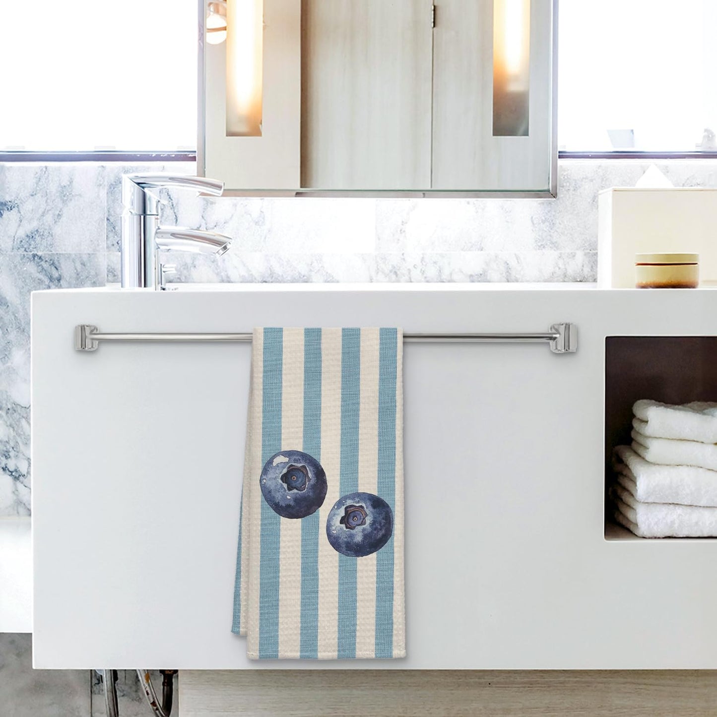 Blueberry Decor Kitchen Towels, Blue and White Striped Summer Blueberry Dish Tea Towel for Kitchen Decor, Fruit Lover Gifts Decorative Hand Towels for Bathroom, 16x24 Inch