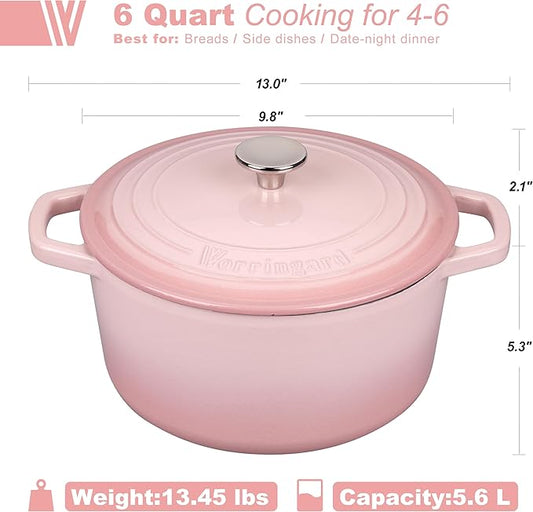Enameled Cast Iron Dutch Oven Pot with Lid, for Bread Baking, Round Bread Oven- include Sourdough Bread Baking Supplies Set, 6QT, Pink
