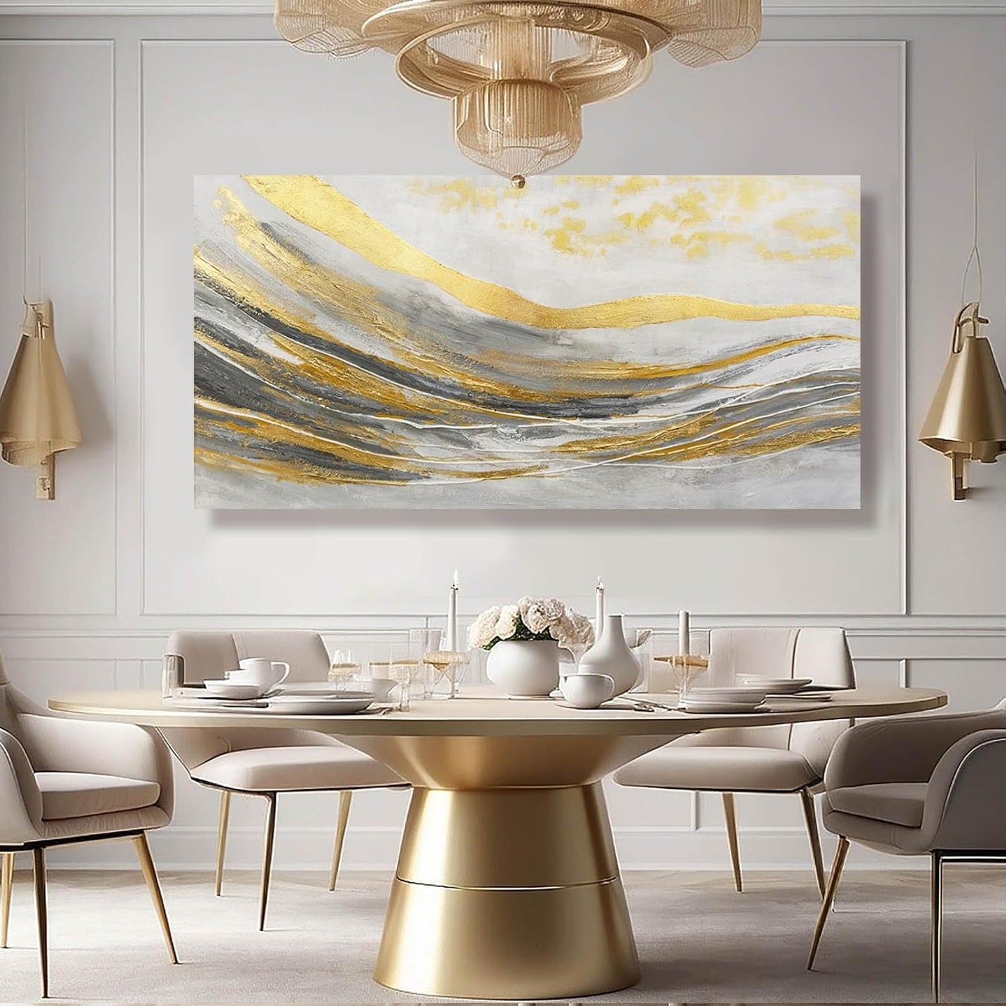 Abstract Wall Decorations Line Wall Art Prints Grey and Gold Canvas Wall Pictures 24"x48" Large Artwork for Living Room Office Decor