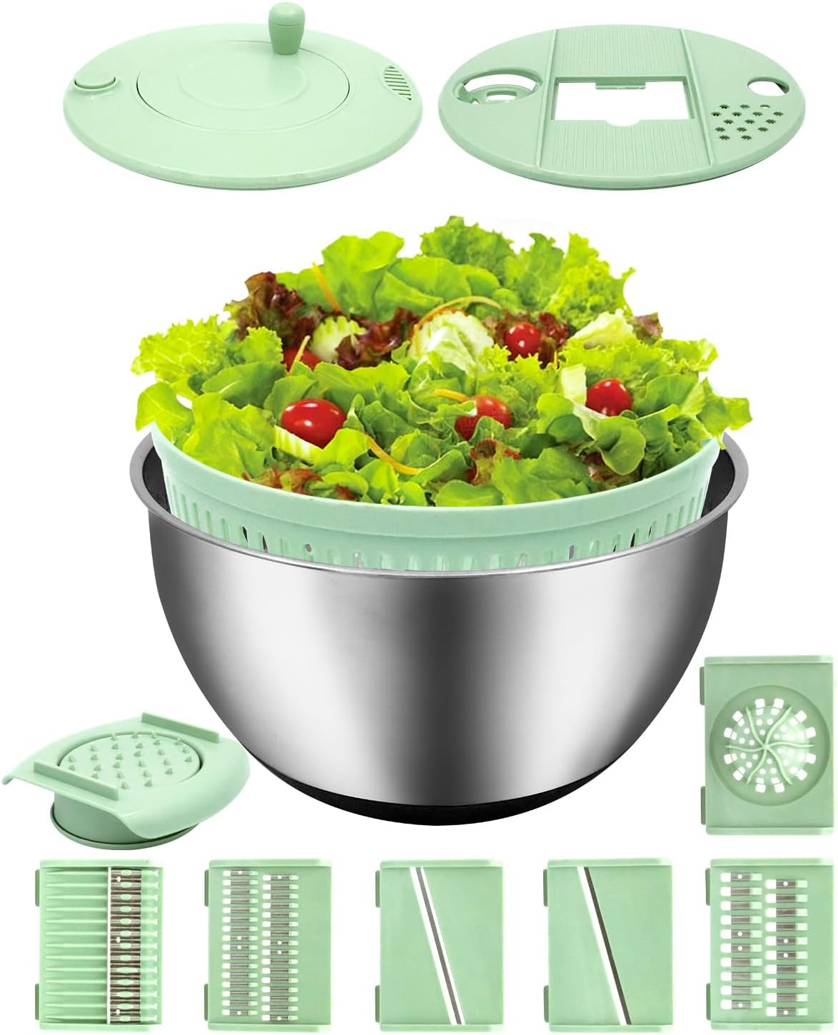 5.3QT Salad Spinner Large,Stainless Steel Lettuce Spinner,Fruit Vegetables Wash Bowl with 5 Blade Slicer,Egg Yolk Strainer Slicer Shredder,Kitchen Colander for Salad Make and Food Washing