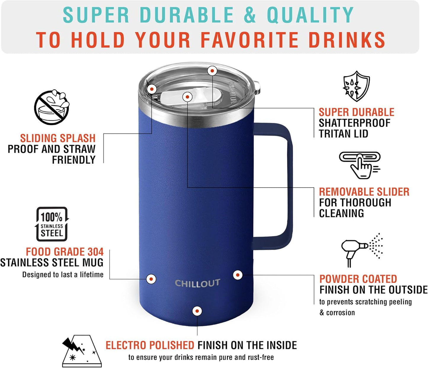 CHILLOUT LIFE Stainless Steel 20 oz Vacuum Insulated Coffee Mug with Handle and Lid, Large Thermal Camping Coffee Mug Cup with Durable Sliding Lid for Men & Women, Keeps your Beverages Hot/Cold