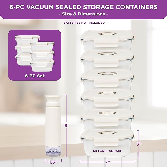 HOLDN’ STORAGE Vacuum Food Storage Containers, Set of 6 Glass Containers & Manual Pump - Keep Food Fresh Longer, BPA-Free Glass, Leak-Proof, Ideal for Meal Prep, Marinating