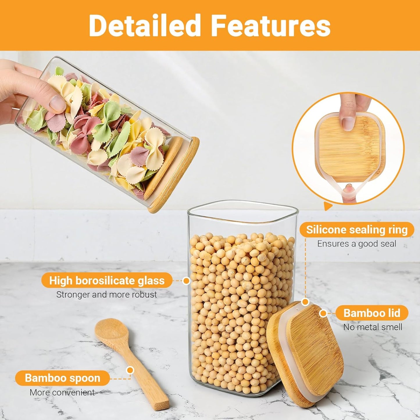 Glass Food Storage Jars, 23 Fl.oz Glass Canisters with Airtight Bamboo Lids Set of 2, Square Sugar Jars Kitchen Containers for Coffee, Tea, Flour, Candy - Included Labels, Marker and Spoon