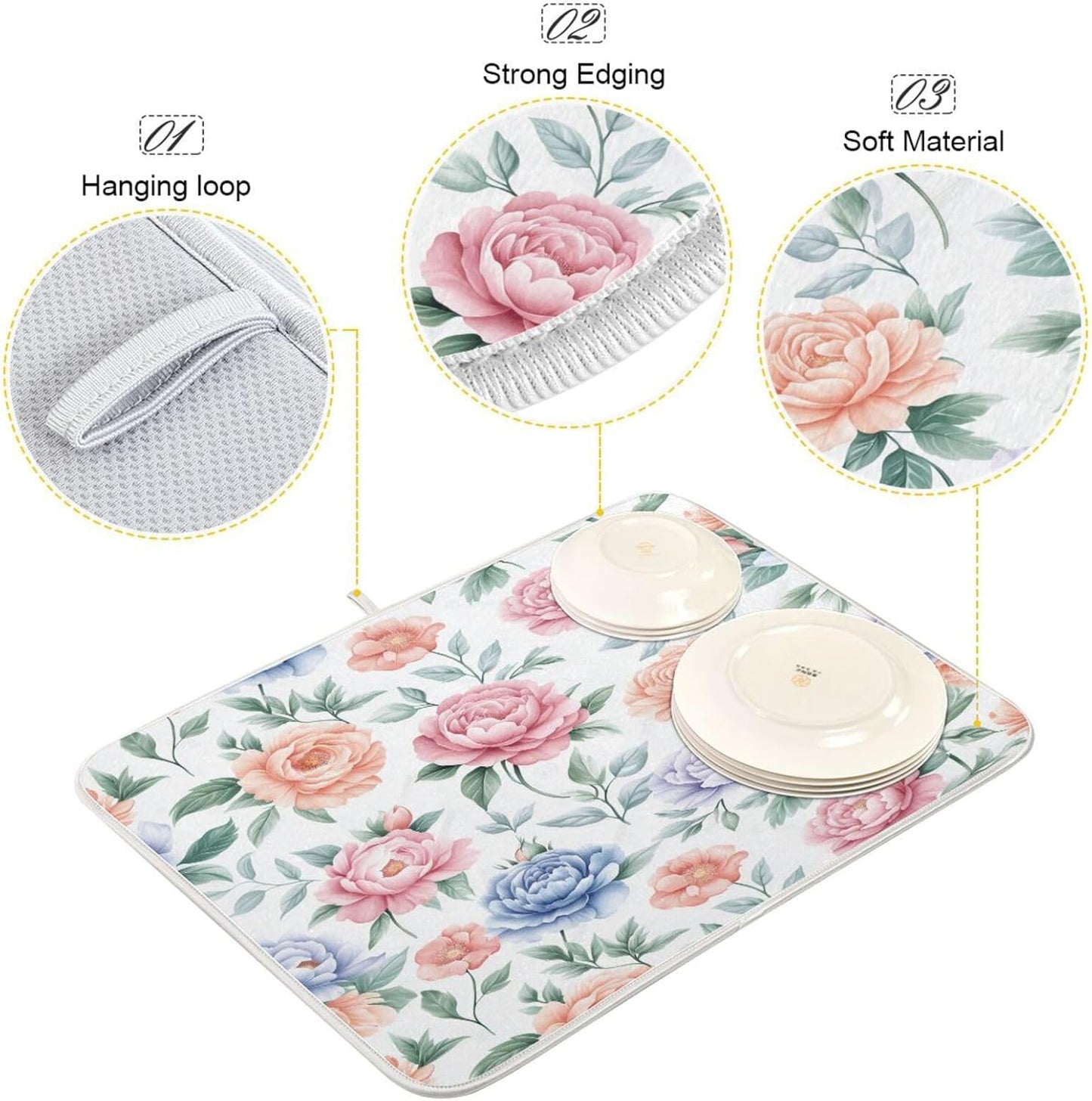 Watercolor Floral Peonies and Roses Dish Drying Mat for Kitchen Counter Super Absorbent Dishes Pad Reversible Microfiber Protector Dish Draining Mats 16x18 inch