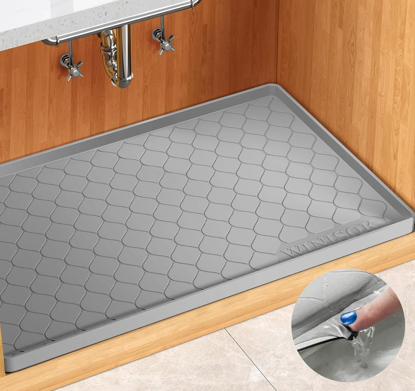 Silicone Under Sink Mat 40" x 19", kitchen Essentials and Gadgets, Shelf liner and Cabinet Protector, Home Organizers and Storage, Waterproof Bathroom Tray