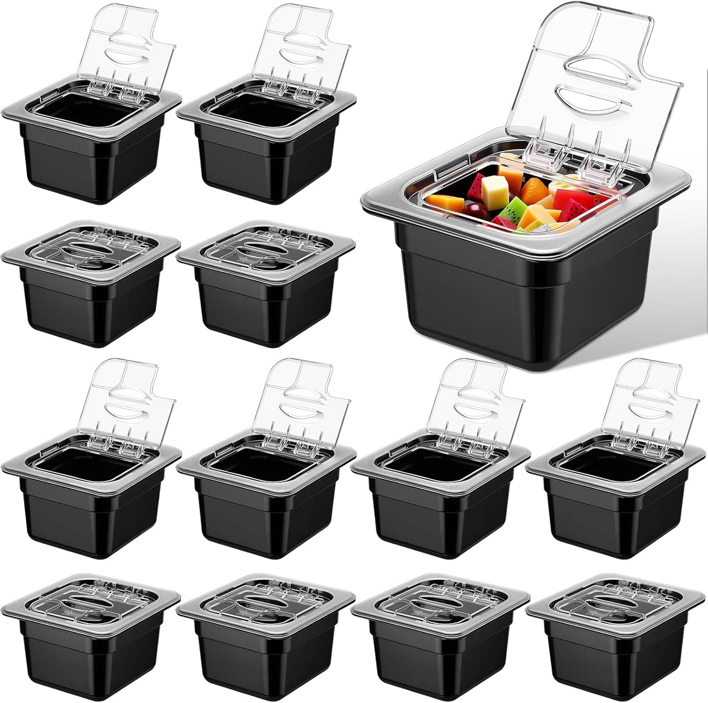 Geetery 12 Pack 4'' Deep Polycarbonate Food Pan with Lid Stackable Plastic Pan Restaurant Food Storage Containers with Hinged Lids for Hotel Supplies (Black)