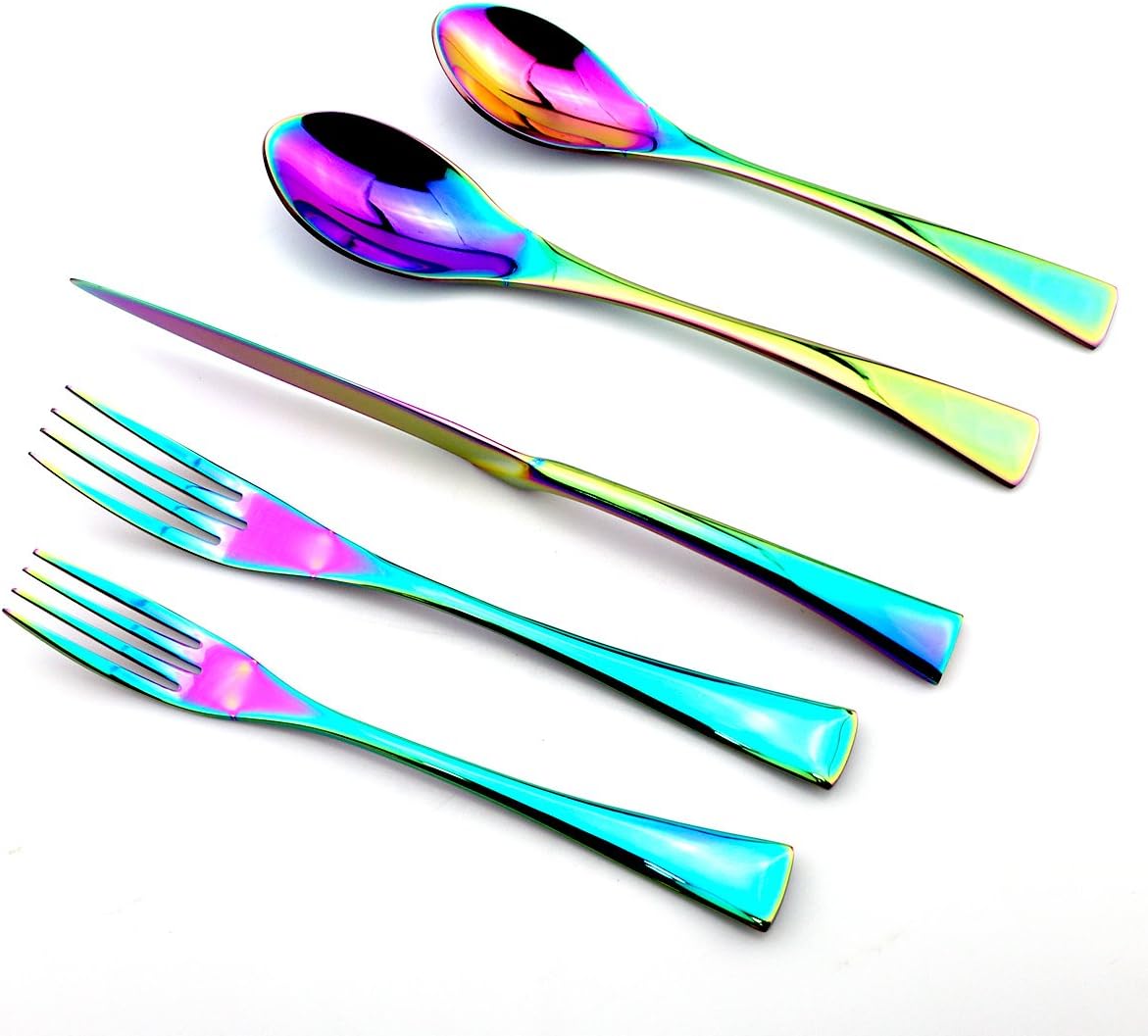 JASHII Luxury Unique Flatware Set 20-Piece | Iridescent Silverware Sets | 18/10 Stainless Steel Dinnerware Set | Utensils For 4 | Rainbow Tableware,Dinner Knife Fork w/DINNER DESSERT Spoon