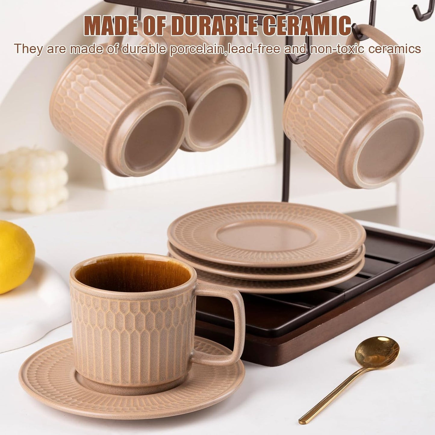 Large Cappuccino Cups with Saucers Set of 4, 8 Ounce Stackable Embossed Ceramic Coffee Mugs for Specialty Coffee Drinks, Latte, Cafe Mocha and Tea, Dishwasher & Microwave Safe (Brown)