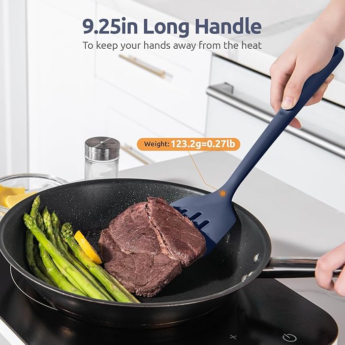 600ºF Heat Resistant Slotted Turner: U-Taste 13.6" Silicone Kitchen Spatula Flipper, 3.74in Wide Food Grade Flexible Rubber Cooking Utensil for Egg, Pancake, Cookie, Nonstick Cookware-Midnight Blue