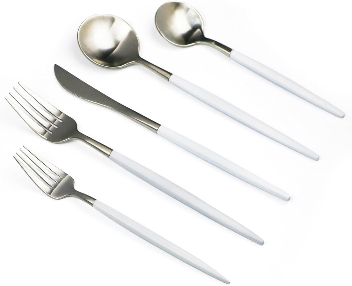 5-Pieces Luxury White Handle Silver 18/10 Stainless Steel Flatware Set, Matte Finish, Service for 1