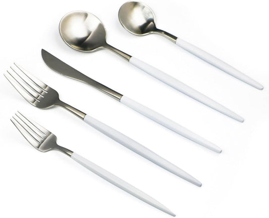5-Pieces Luxury White Handle Silver 18/10 Stainless Steel Flatware Set, Matte Finish, Service for 1