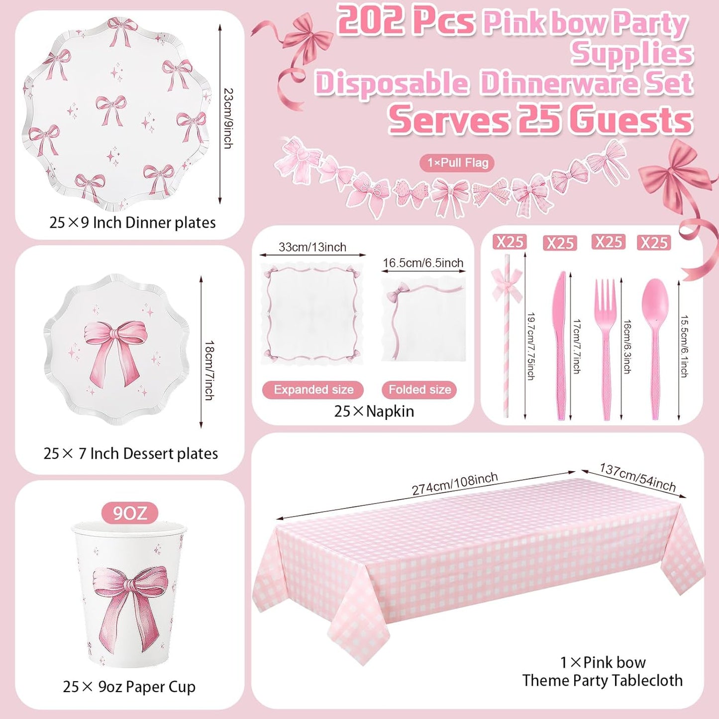 Sawysine 202 Pcs Pink Bow Party Supplies Serve 25 Disposable Dinnerware Set 50 Plates 25 Cups 25 Napkins 25 Plastic Forks 25 Knives 25 Spoons 25 Straw Flag Tablecloth