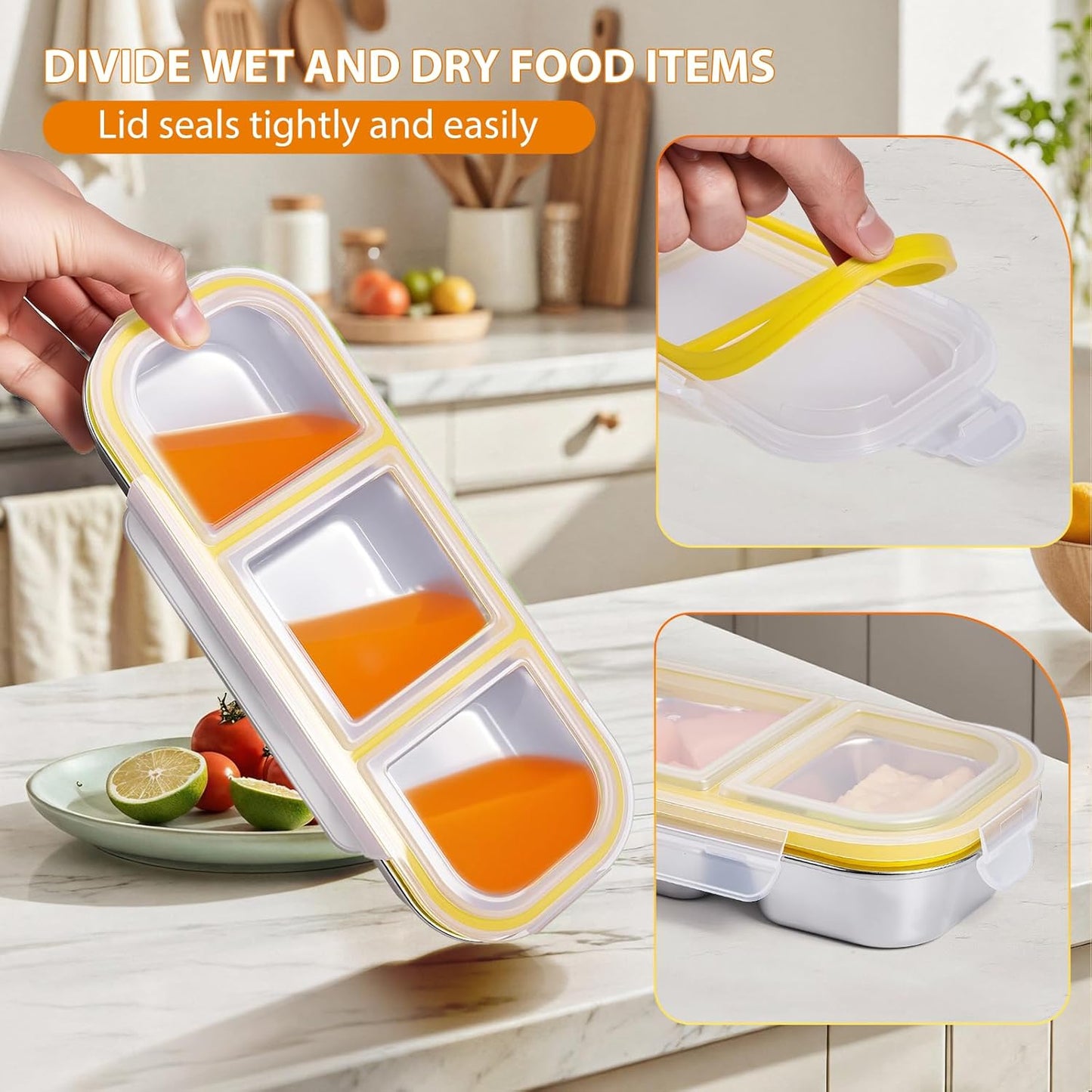 Stainless Steel Snackle Box - 3Compartment Bento Box for Kids & Adults, Reusable Food Storage Containers with Lids, Lunch Box for School (Yellow)