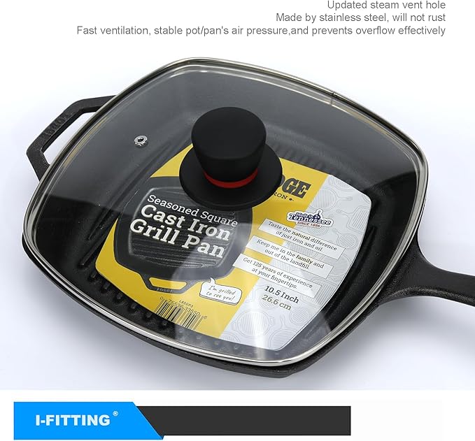 Square Glass Lid for Grill Pans with Steam Vent Hole - Fits Lodge Cast Iron Skillets 10.5inch(26.67cm) - Square Tempered Glass Lid - Universal Replacement Cover Bakelite Round Knob