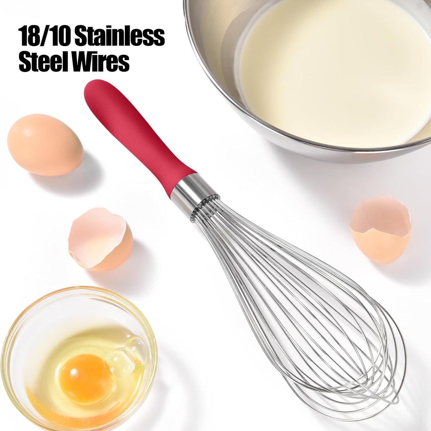 18/8 Stainless Steel Balloon Whisk, Doosu Kitchen Whisk for Cooking Handheld Egg Beater with Rust-Proof Sturdy Wires & Non-Slip Silicone Handle for Beating, Stirring, Blending (12 Wires, Red)