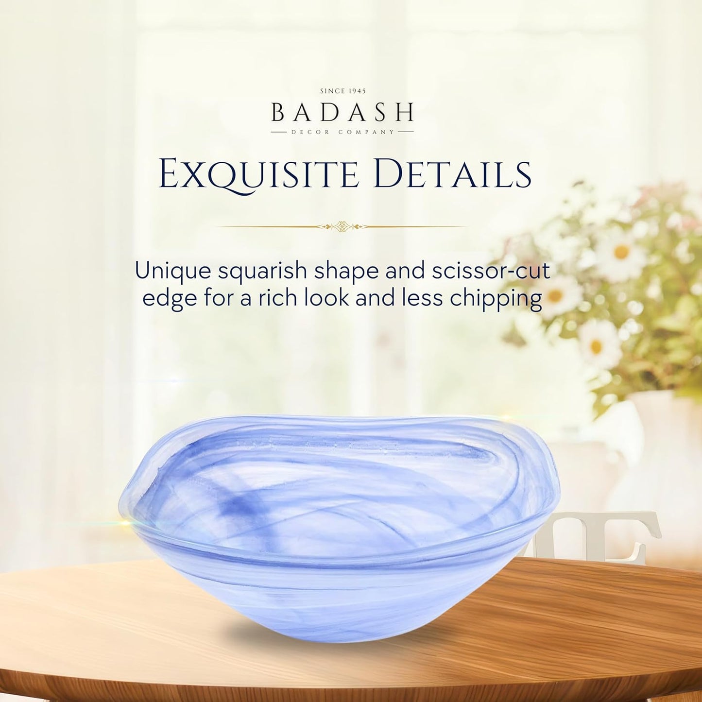 Badash Decorative Glass Serving Bowl, Alabaster Glass Centerpiece Fruit Bowl, Home Décor Table Accent Bowl, 10” Diameter, White & Blue