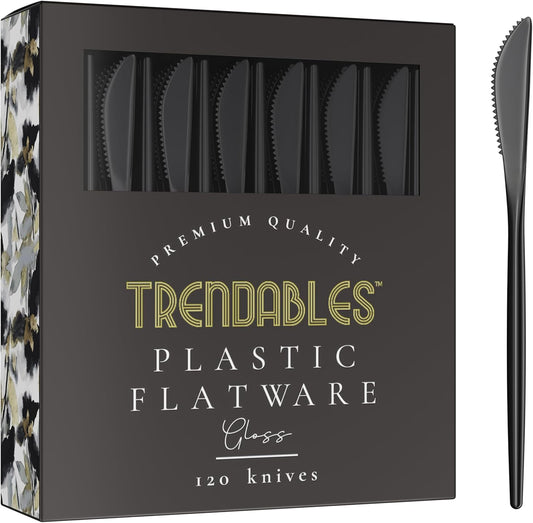 Trendables Disposable Black Plastic Cutlery Set - 120 Pack Silverware with Black Plastic Knives