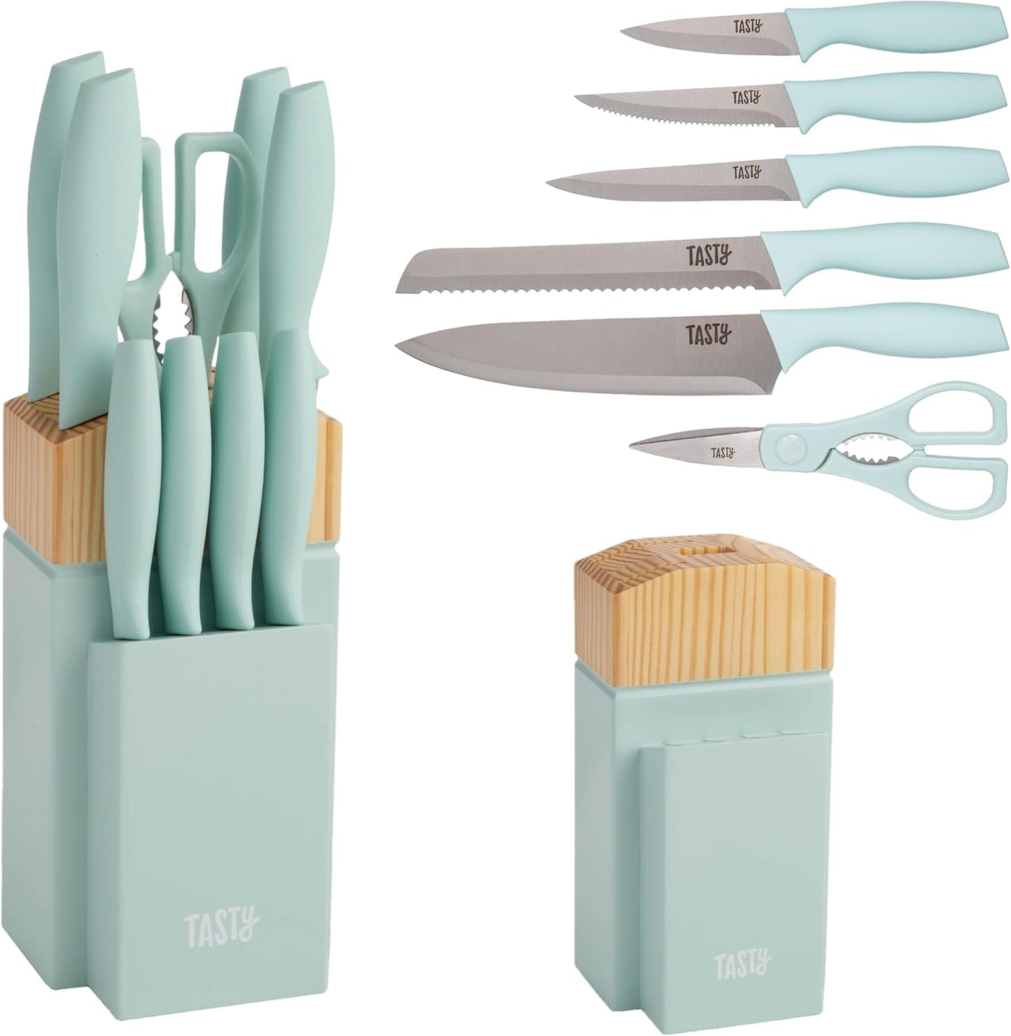 Tasty Kitchen Knife Set with Block, Cutlery Set includes Chef, Bread, Utility, Paring, Steak Knives & Shears, 10-Piece, Aqua