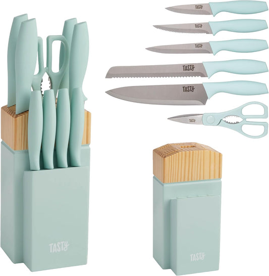 Tasty Kitchen Knife Set with Block, Cutlery Set includes Chef, Bread, Utility, Paring, Steak Knives & Shears, 10-Piece, Aqua