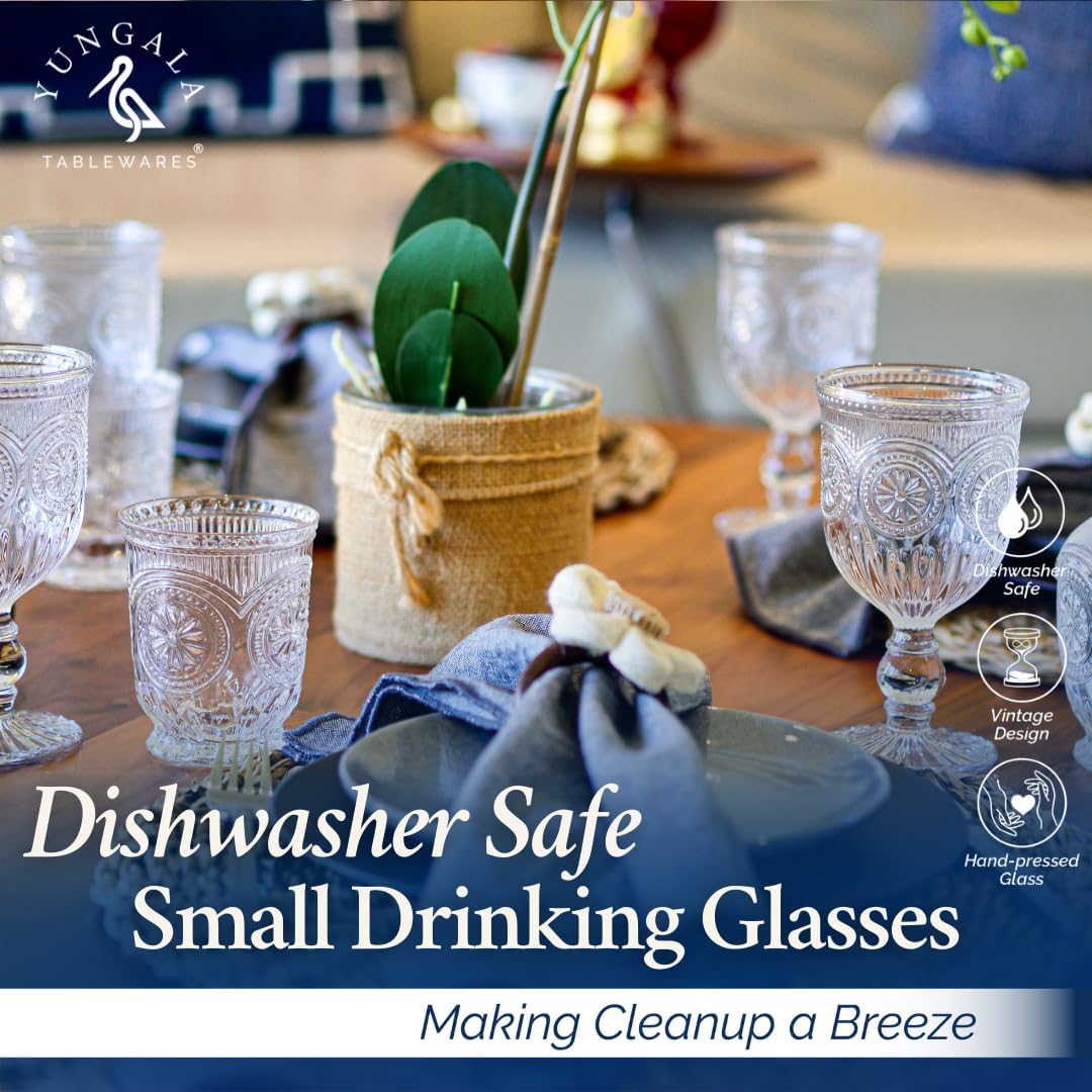 Clear Vintage Small Drinking Glasses set of 6 8oz glass cups with a unique footed design and pressed glass design