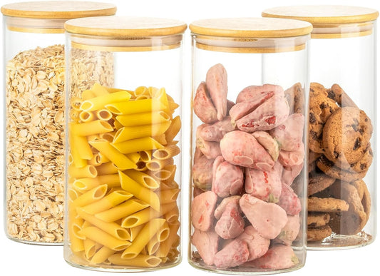 4 Pack 42oz Glass Jars with Bamboo Lids,Glass Storage Containers with Lids,Clear Airtight Food Storage Jar for Flour,Oat,Coffee,Tea,Sugar,Cookies,Pantry Organizers 3mm Thick Canisters