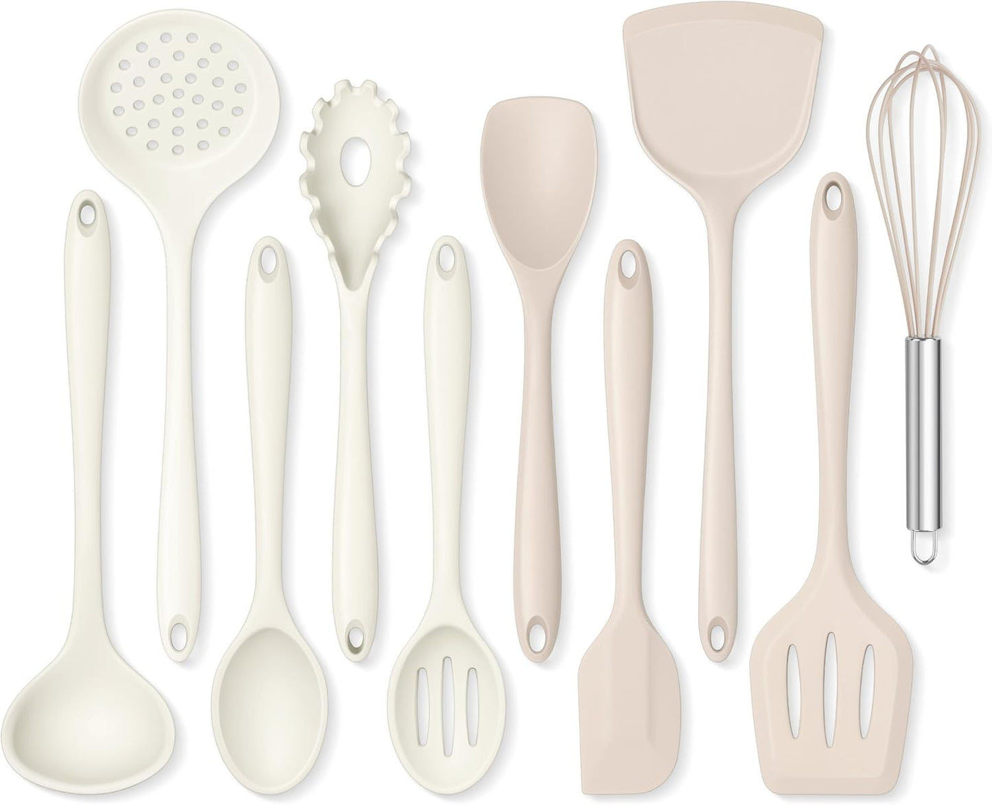Onader Kitchen Cooking Utensils Set, 10 Pcs Silicone Non Toxic Cooking Utensils Set, Heat Resistant & Nonstick Cookware Friendly - 2 Mixed Color (Khaki & White)