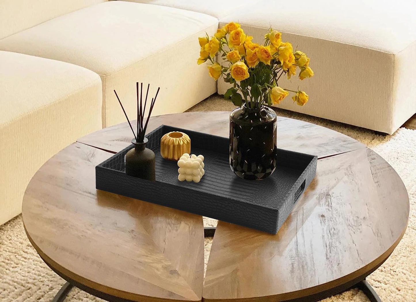 HofferRuffer Rectangle Serving Tray with Hole Handles for Coffee Table, Breakfast, Tea, Food, Butler - Countertop, Kitchen, Vanity Serve Tray, 16.2 x 12.2 x 2 inches, Faux Leather (Black Croco)