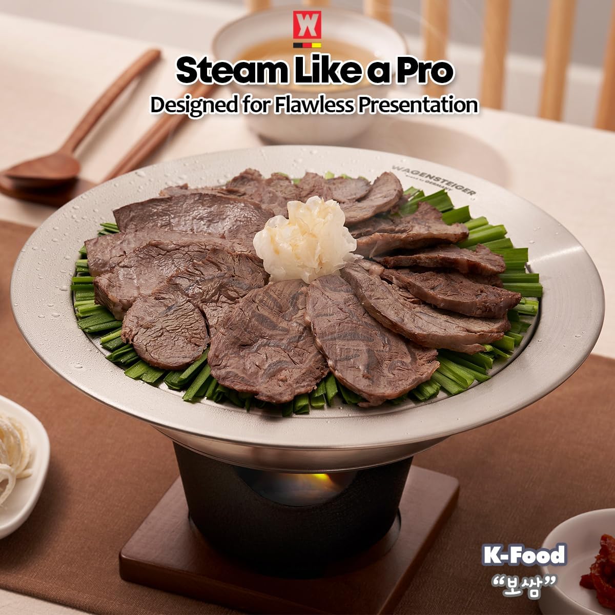 Stainless Steel Steam Food Warmer Pan with Perforated Tray, Food Steamer, Multipurpose Cooking Pan for Steaming, Boiling, and Warming Food, Korean Style Communal Food Dishes (Silver, 20.6cm / 8.12inch)