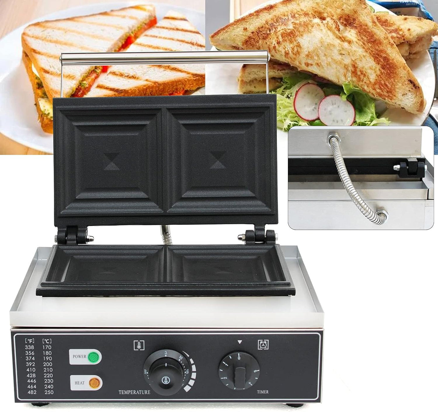 2-In-1 Commercial Sandwich Maker, 1500W Breakfast Sandwich Maker, Electric Sandwich Maker w/Nonstick Plates, Grilled Cheese Toaster, w/Adjustable Temp, for Bakeries, Restaurants