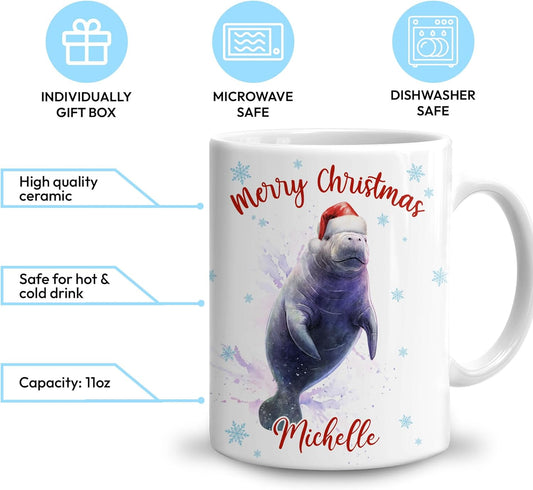 Hyturtle Personalized Gifts Manatee Lover - Merry Christmas Customized Name Ceramic Coffee Mug Cup 11oz - Cute Sea Animal Lovers Gifts For Women, Girl kids Family On Birthday, Christmas