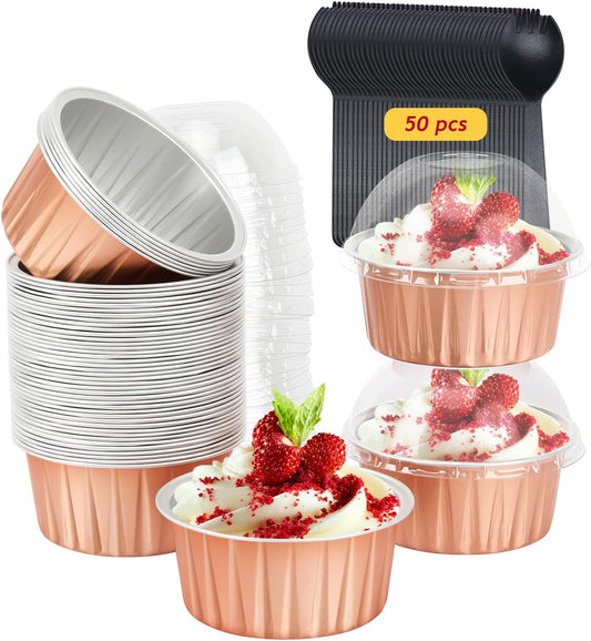 Jumbo 5oz Aluminum Foil Cupcake Liners with Lids 50 Pack,Free-Air Disposable Ramekins Muffin Tin,Mini Cake Baking Pans Muffin Cups,Mini Cupcake Pans Holders -Champagne