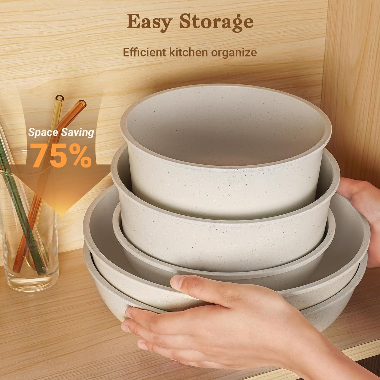 15Pcs Pots and Pans Set Non Stick, Cookware Sets with Detachable Handle, Nonstick RV Kitchen Cooking Tools Removable Handles, Oven Safe, Induction Fast, Stackable Induction Cookware, White