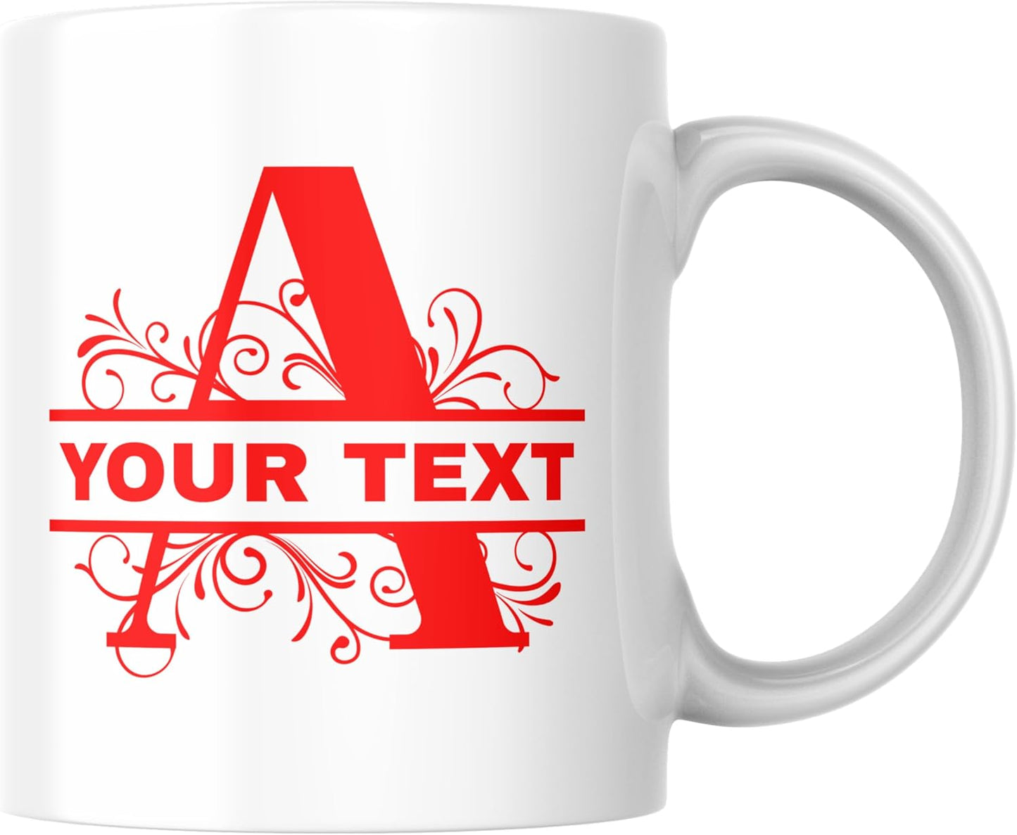 Customizable 11oz Coffee Mug - Sublimated Printed Mugs with Personalized Text, Names, and Initials. Perfect as Gifts for Men and Women for Birthdays (White Mug) (Monogram Red)
