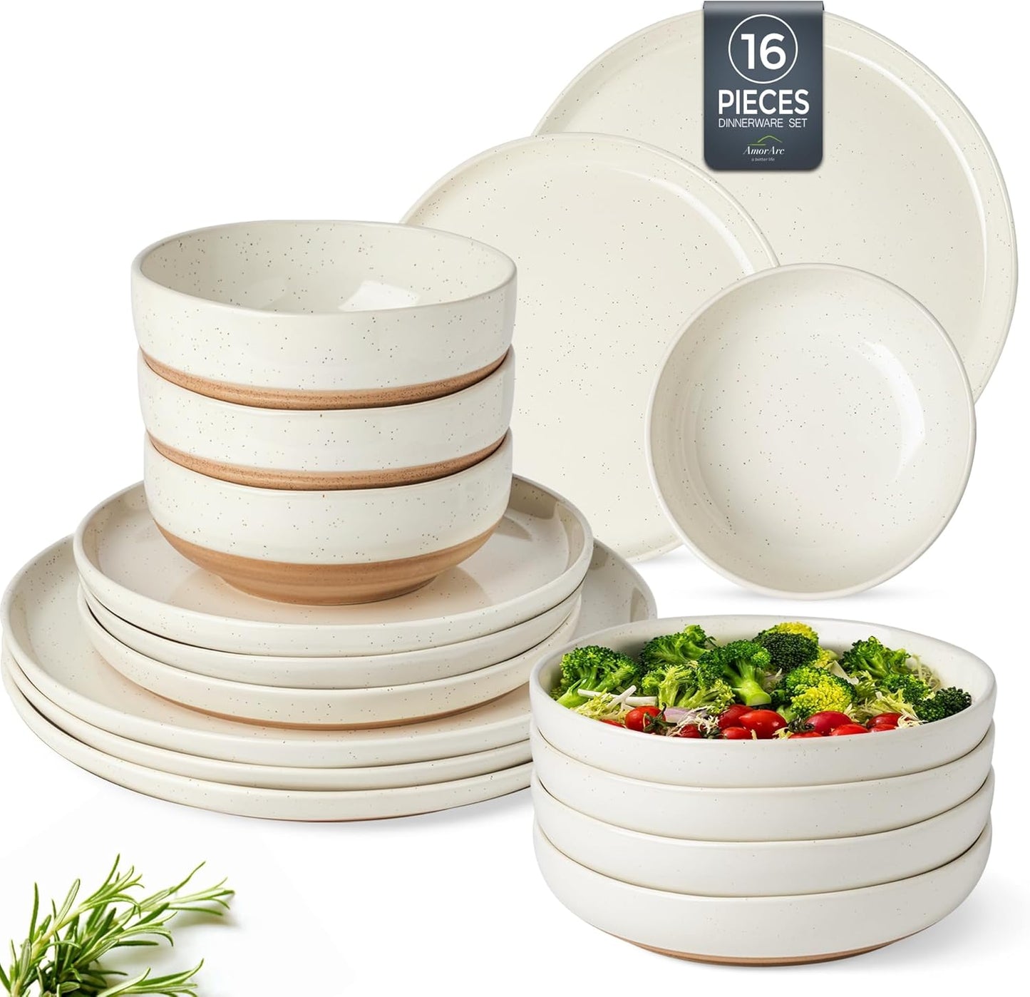 AmorArc Ceramic Dinnerware Sets with Pasta Bowls for 4, Handpainted Plates and Bowls Set with Rustic Terracotta Underside, Scratch Resistant Dishes Set, Dishwasher & Microwave Safe, 16 Pcs
