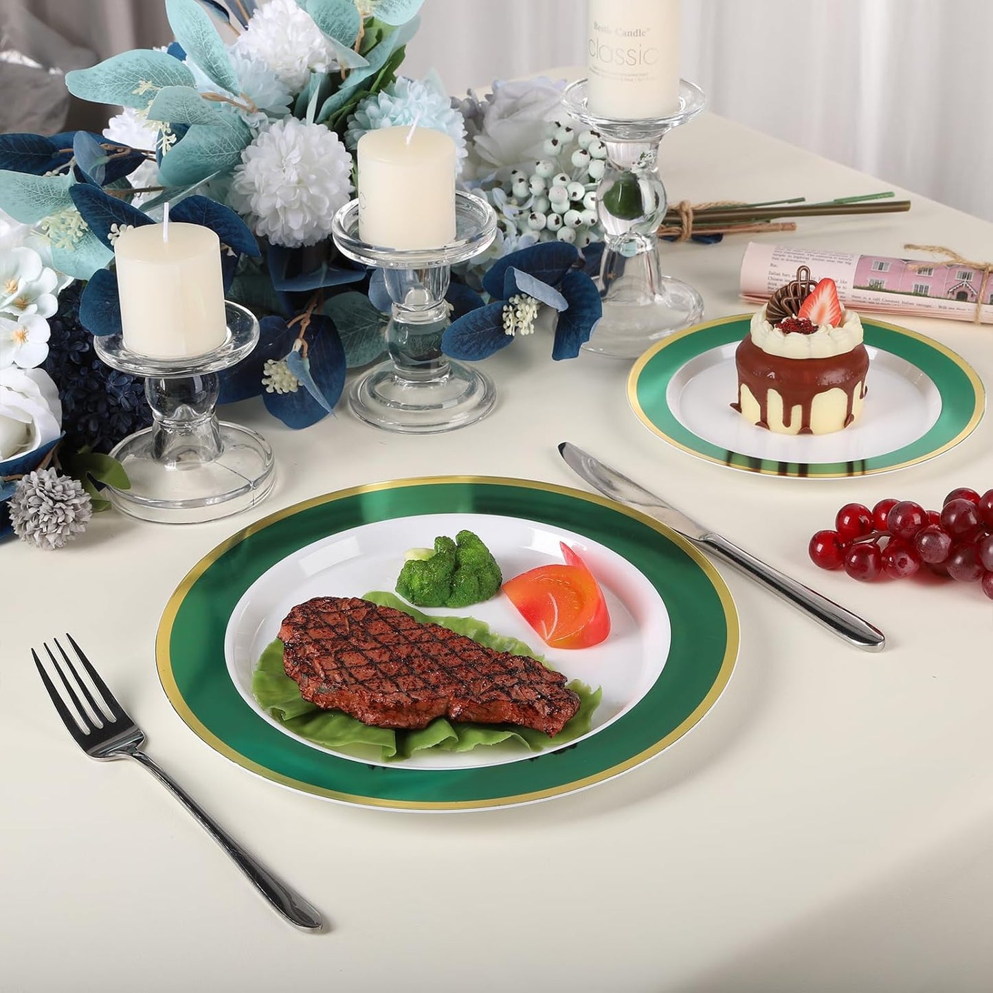 100Pack Plastic Plates Disposable Heavy Duty for Christmas Include 50PCS 10.25inch Dinner and 50PCS 7.5inch Dessert Plastic Plates for Party Wedding Birthday New Year,Green