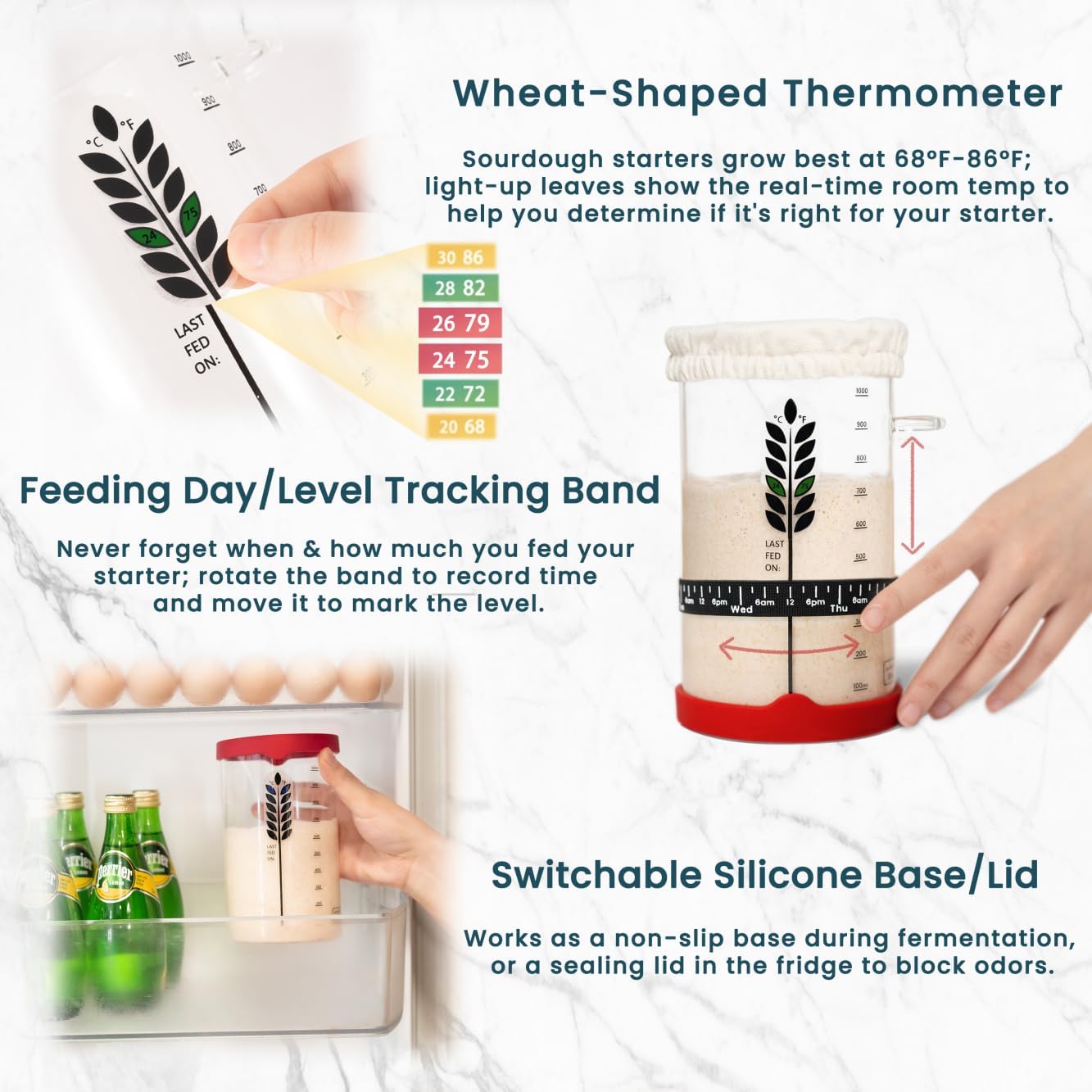 Sourdough Starter Kit - 38oz with Cookbook, Measuring Cup, Spatula, Wide Mouth Jar Cover, Thermometer, Date Marked Feeding Band, Glass Jar for Baker, Bread Baking Supplies