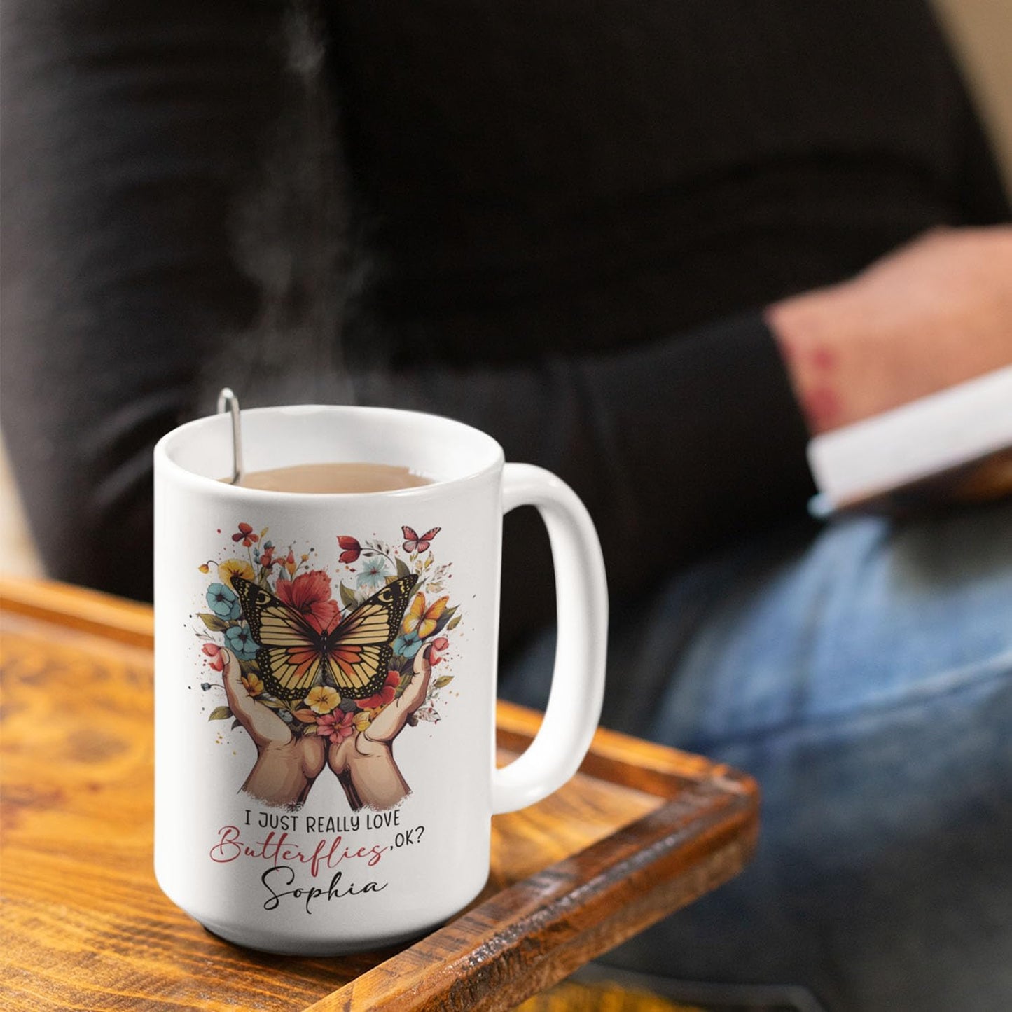 Fantastic Customized I Just Really Love Butterflies Coffee Mugs, Custom Butterfly With Hands Travel Cup Present 11oz 15oz, Personalized Name On Animal Tea Cup Gift For Animal Lover