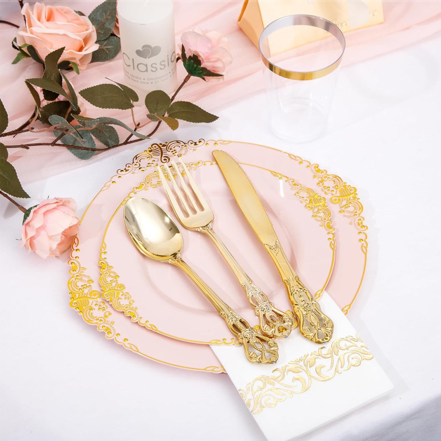 YOUBET 700PCS Pink Plastic Plates - Pink and Gold Plates - Luxury Pinks Plastic Dinnerware Set Include 200 Pinks Disposable Plates, 300 Heavy Duty Silverware, 100 Cups, 100 Napkins for Wedding & Party