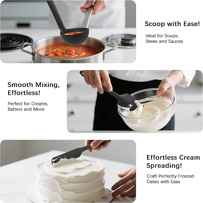 Coukre Silicone Kitchen Cooking Utensils Set with Holder – Heat-Resistant, Food-Grade Kitchen Tools, Spatula, Spoon & Gadgets for Non-Stick Pans, Dishwasher Safe (14, PureBlack)