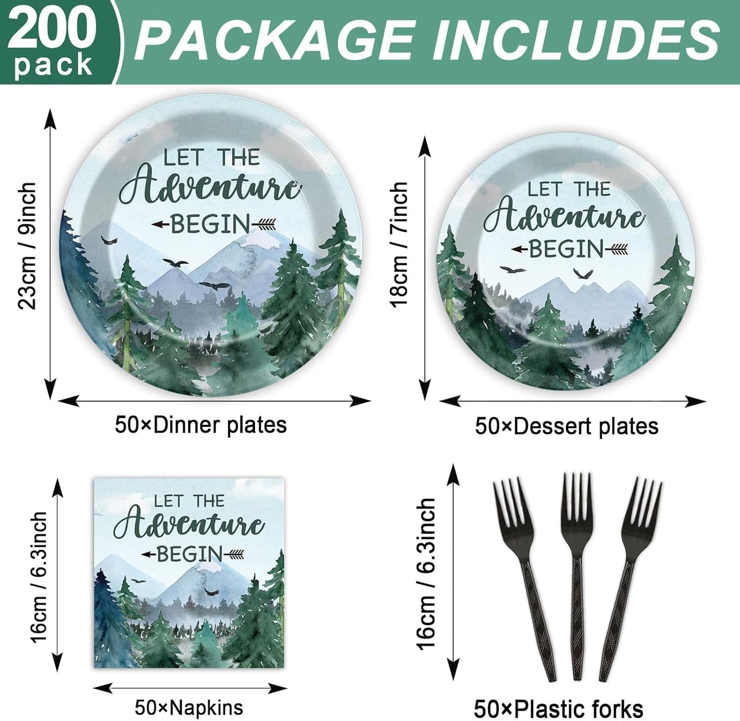 ZOIIWA 200 PCS Adventure Awaits Tableware Disposable Let The Adventure Begin Party Supplies Dinnerware Set Baby Shower Plates Napkins Birthday Party Decoration Serve 50 guest
