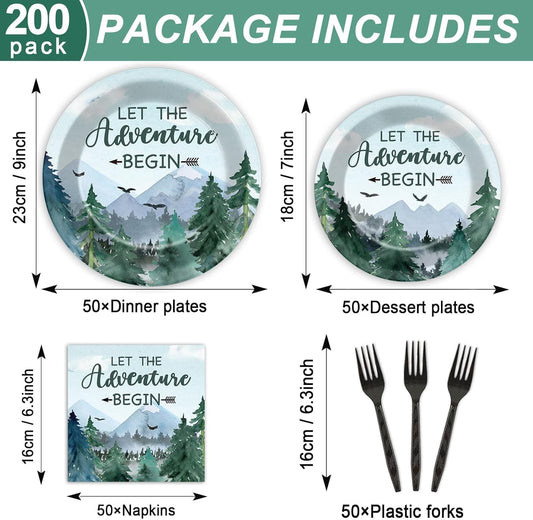 ZOIIWA 200 PCS Adventure Awaits Tableware Disposable Let The Adventure Begin Party Supplies Dinnerware Set Baby Shower Plates Napkins Birthday Party Decoration Serve 50 guest
