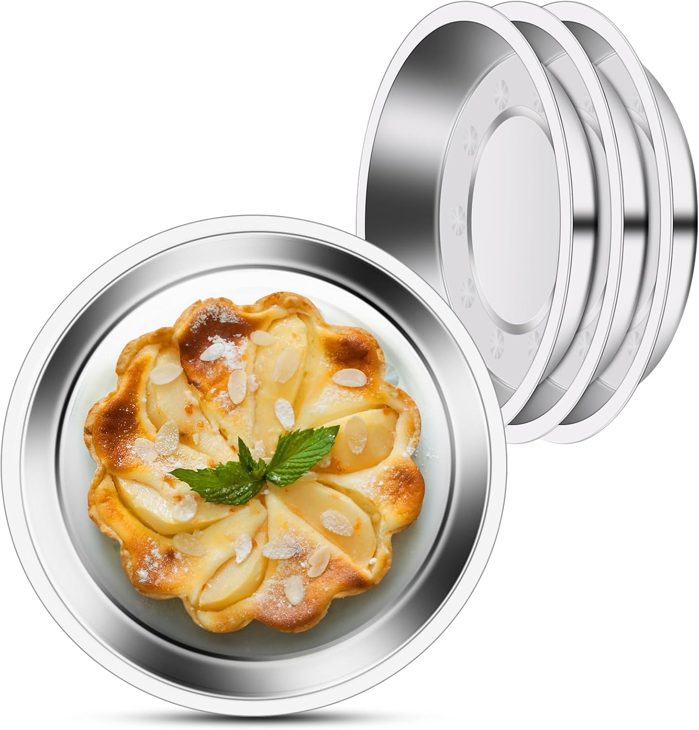 Patterned Deep Stainless Steel Plates, 4 Set 7 inch 201 Metal Food Serving Plate, Reusable Snack Eating Dishes Round Shatterproof Silver Dinnerware for BBQ Dinner Oven Dishwasher Safe