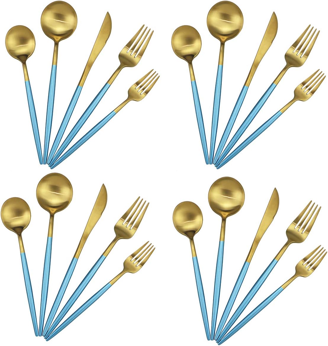 Gugrida 20-Piece 18/10 Stainless Steel Flatware Silverware, Luxury Dinnerware Set Travel Cutlery Tableware Include Knife Fork Spoon Service for 4, Dishwasher Safe (Blue Handle Matte Gold)