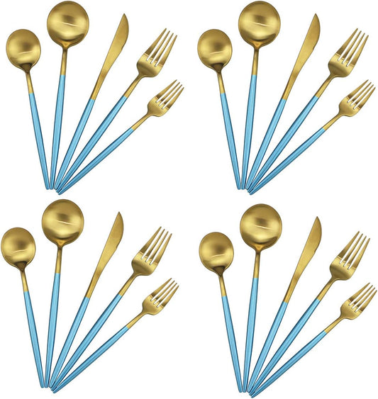 Gugrida 20-Piece 18/10 Stainless Steel Flatware Silverware, Luxury Dinnerware Set Travel Cutlery Tableware Include Knife Fork Spoon Service for 4, Dishwasher Safe (Blue Handle Matte Gold)