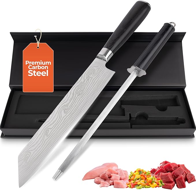 Gidli 8 Inch Chef Knife with Knife Sharpener Carbon Stainless Steel, Ultra Sharp, Ergonomic Wooden Handle, Gift Box – Kitchen Blade Set