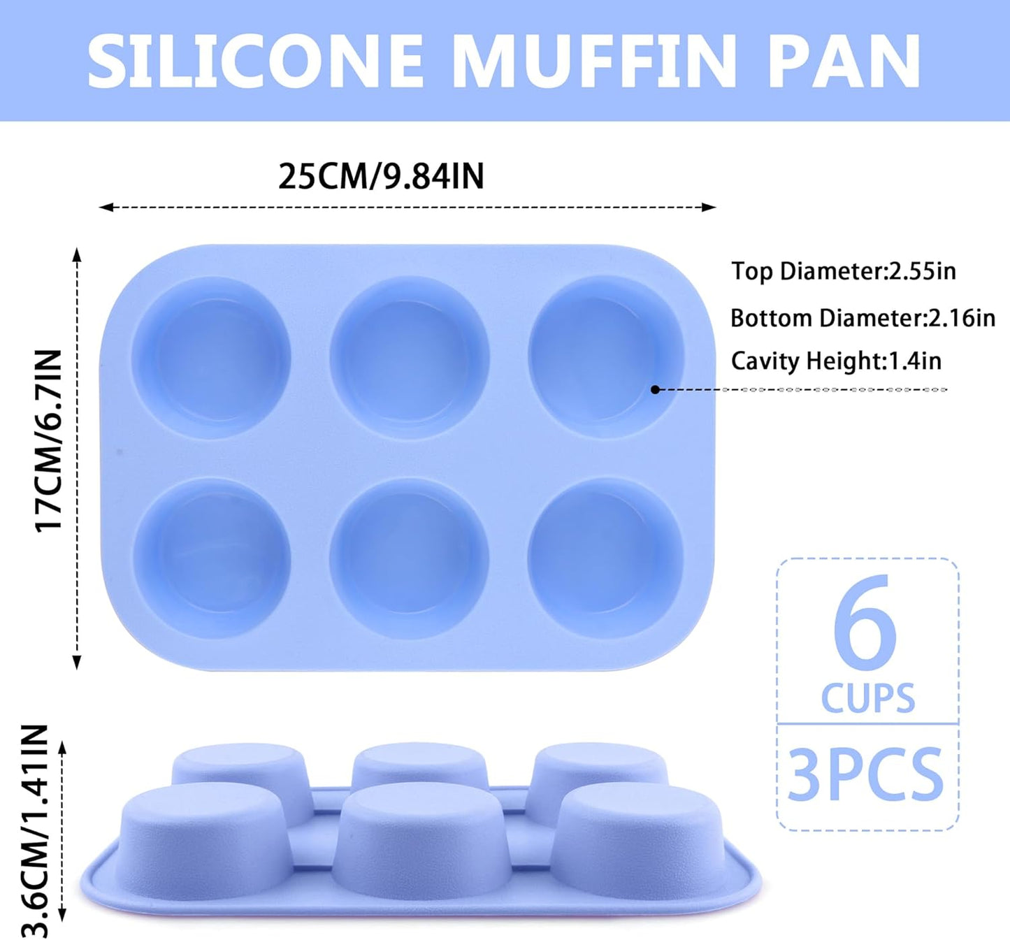 3-Pack 6-Cup Silicone Muffin Pans, Nonstick Cupcake Baking Molds, Muffin Cupcake Pans Molds for Baking, BPA/PFA-Free, Dishwasher & Oven Safe - Blue