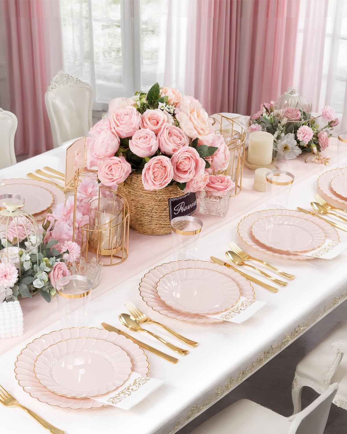 YOUBET 175PCS Pink Scalloped Plastic Plates - Gold Disposable Dinnerware Set Include 50 Plates, 75 Gold Silverware, 25 Cups, 25 Napkins for Party & Wedding & Baby Shower
